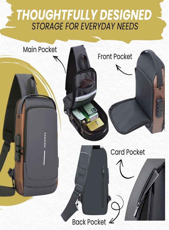 OCEANEVO Stylish Anti Theft Crossbody Sling Bag for Men WITH Luggage Tag, Chest Bag for Travel WITH Lock and USB Charging Port - 1 Year Warranty - 32 x 19 x 8 Cm - Grey Gold - Image 3