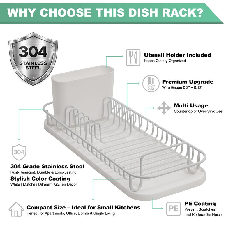 SunnyPoint 304 Stainless Steel NeverRust Compact Dish Drying Rack with Utensil Holder & Removable Drain Tray, Rustproof Small Dish Rack for Kitchen Countertop or Over Sink â€“ White - Image 5