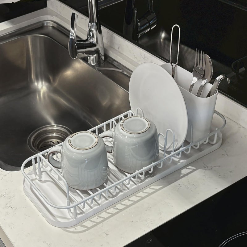 SunnyPoint 304 Stainless Steel NeverRust Compact Dish Drying Rack with Utensil Holder & Removable Drain Tray, Rustproof Small Dish Rack for Kitchen Countertop or Over Sink â€“ White - Image 2