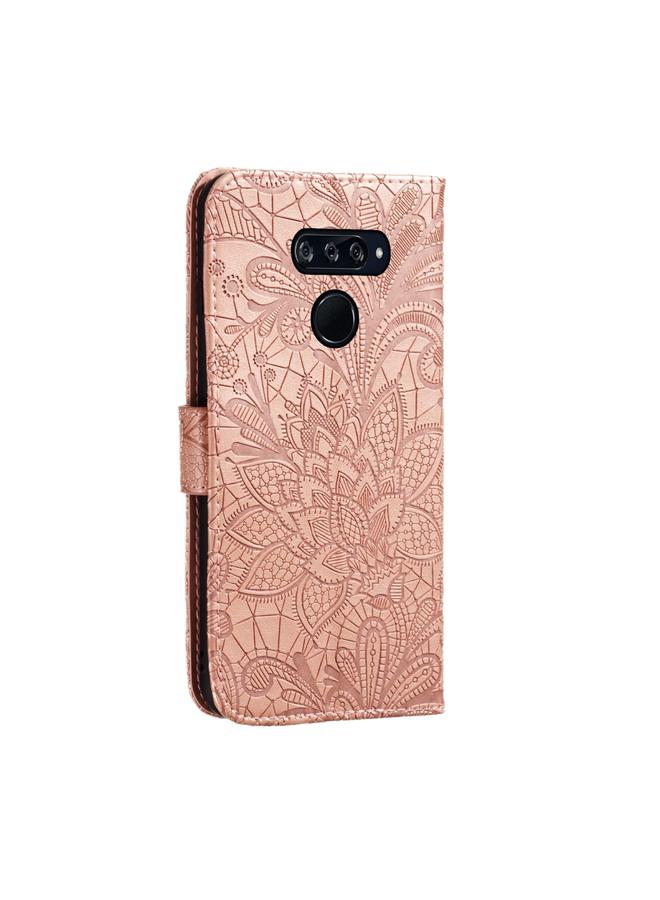 اس-توب جراب لهاتف LG K50S، جراب جلدي أفقي قابل للطي بنقش زهور الدانتيل مع حامل وفتحات للبطاقات ومحفظة وإطار صورة وحبل تعليق - Image 3