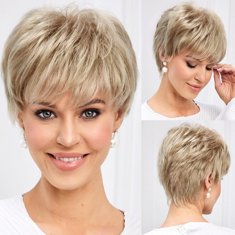 EMMOR Short Wigs for Women Memory Fiber Simulated Human Hair Pixie Curly Wig With BangNatural Daily Use HairColor 25 Ash Blonde