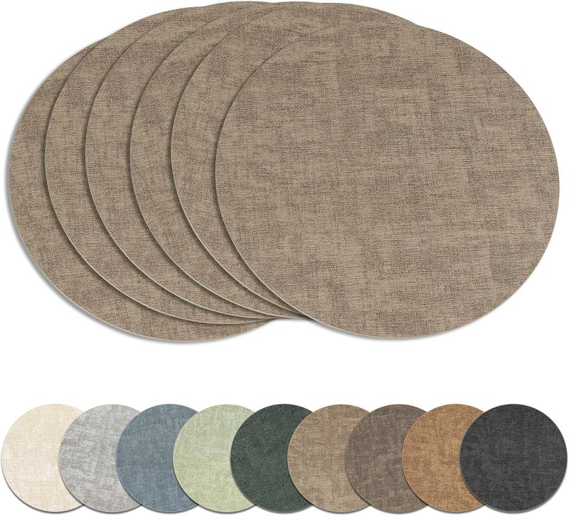 NCUE 13" Round Placemats Set of 6, Reversible Faux Leather Heat Resistant Table Mats, Waterproof Oilproof Wipeable Table Protective Placemats for Vinyl, Washable for Indoor & Outdoor Use (6, Light Coffee) - Image 1