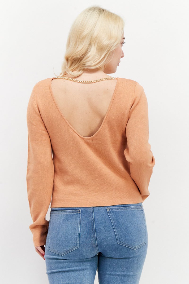 BRAVE SOUL Women Scoop Neck Long Sleeve Textured Sweater, Toasted Camel  - Image 2