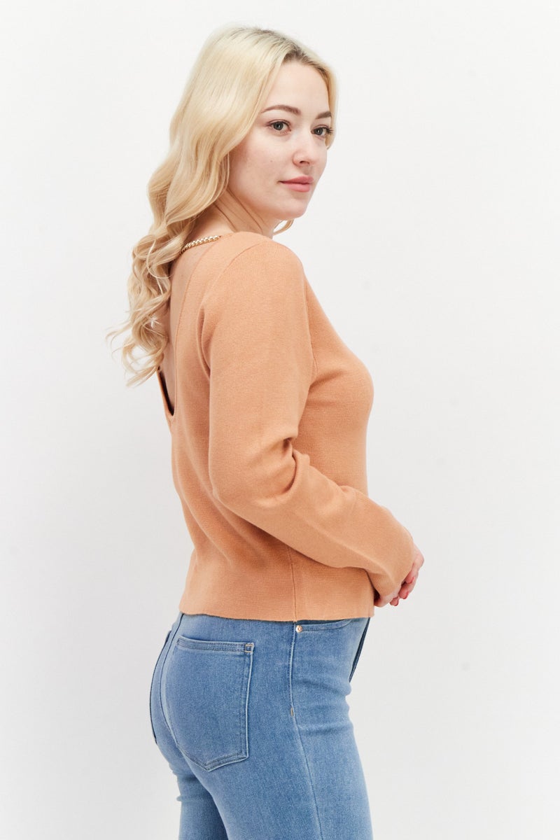 BRAVE SOUL Women Scoop Neck Long Sleeve Textured Sweater, Toasted Camel  - Image 3