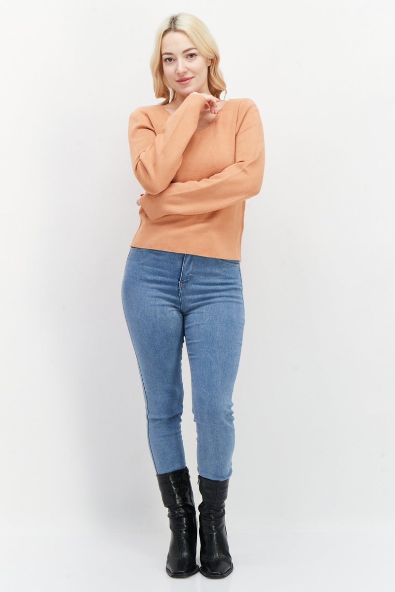 BRAVE SOUL Women Scoop Neck Long Sleeve Textured Sweater, Toasted Camel  - Image 4