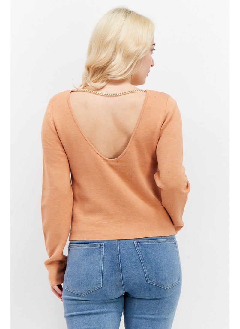 BRAVE SOUL Women Scoop Neck Long Sleeve Textured Sweater, Toasted Camel  - Image 5