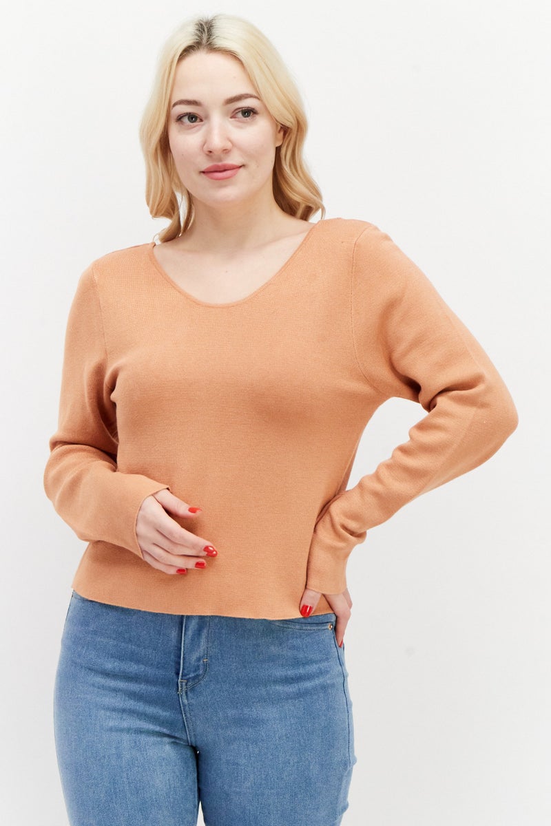 BRAVE SOUL Women Scoop Neck Long Sleeve Textured Sweater, Toasted Camel  - Image 1