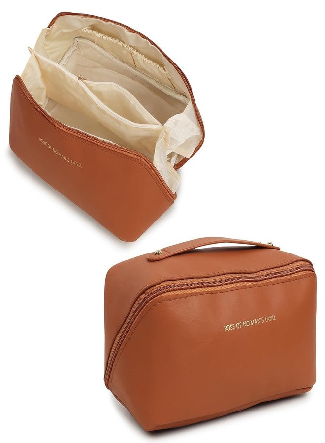 BREEPREE Travel Cosmetic Makeup Pouches for Women Travel Organizer Bag Portable Pouch Open Flat Toiletry Bag Make Up Organizer with Divider and Handle (Brown)