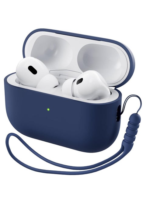Compatible with AirPods Pro 2 Case (2022), Protective Liquid Silicone Case Cover for AirPods Pro 2nd Generation with Lanyard Soft Skin Front LED Visible Silicone Case-Navy Blue