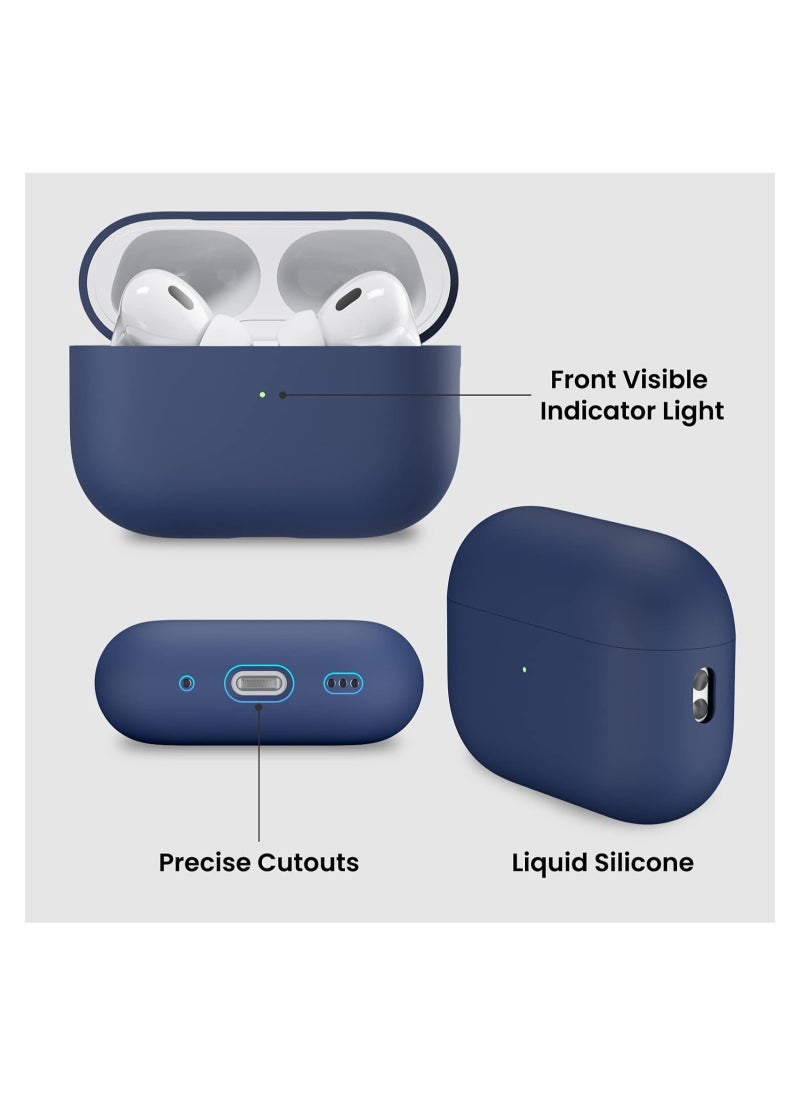 Compatible with AirPods Pro 2 Case (2022), Protective Liquid Silicone Case Cover for AirPods Pro 2nd Generation with Lanyard Soft Skin Front LED Visible Silicone Case-Navy Blue
