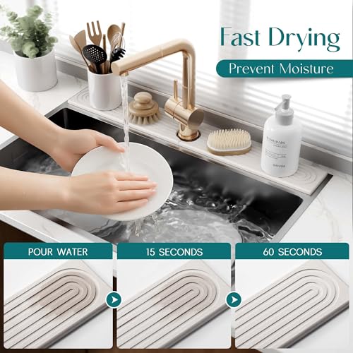 eormoe 30 Inch Faucet Mat for Kitchen Sink - Instant Dry Sink Protector for Countertop, Extra-Long Diatomaceous Earth Stone Sink Tray Around Faucet for Kitchen Bathroom RVs (Light Grey, 30" x 3.9") - Image 3