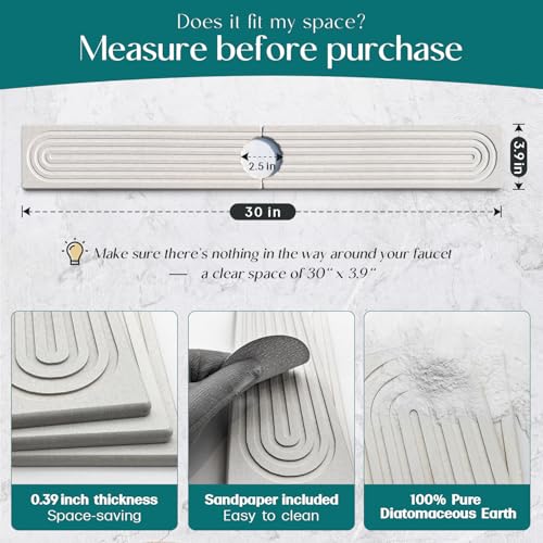 eormoe 30 Inch Faucet Mat for Kitchen Sink - Instant Dry Sink Protector for Countertop, Extra-Long Diatomaceous Earth Stone Sink Tray Around Faucet for Kitchen Bathroom RVs (Light Grey, 30" x 3.9") - Image 2