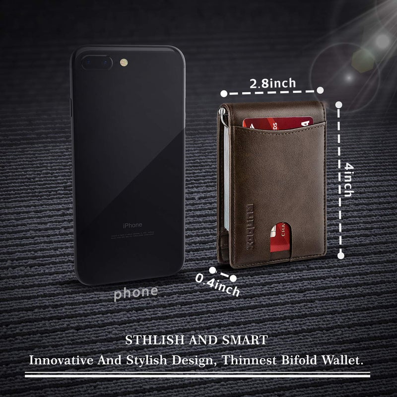 RUNBOX RFID Blocking Genuine Leather Slim Wallet for Men Bifold Minimalist Front Pocket Mens Wallet with Money Clip Thin Gift Box - Image 3