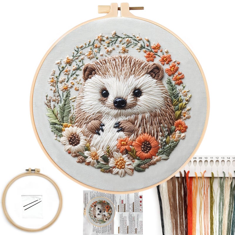 FONNUY Embroidery Kit for Beginners, Cute Hedgehog Stamped Embroidery Patterns Kits for Adults with Hoop, Easy to Follow Sewing Thread Needlework, 8'' Hoop (Tiny Ball) - Image 1