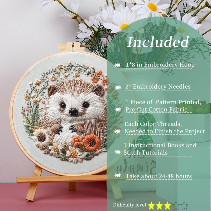 FONNUY Embroidery Kit for Beginners, Cute Hedgehog Stamped Embroidery Patterns Kits for Adults with Hoop, Easy to Follow Sewing Thread Needlework, 8'' Hoop (Tiny Ball) - Image 2