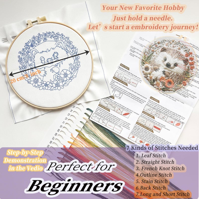 FONNUY Embroidery Kit for Beginners, Cute Hedgehog Stamped Embroidery Patterns Kits for Adults with Hoop, Easy to Follow Sewing Thread Needlework, 8'' Hoop (Tiny Ball) - Image 5