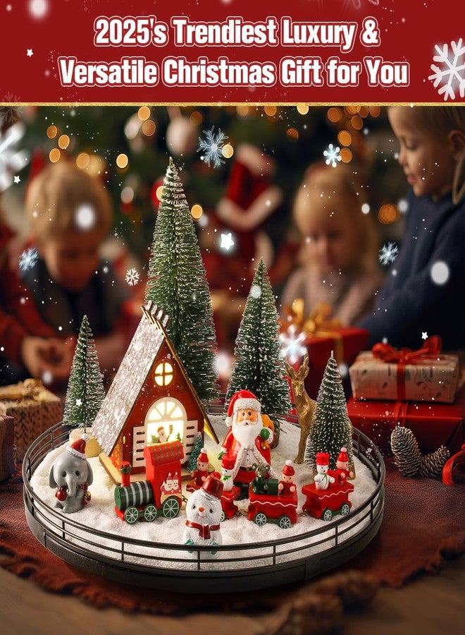 Oroyutor 12 Pcs Christmas Village Set - 13" Oak Wooden Lazy Susan with Santa Train, House & Trees – Indoor Christmas Centerpiece Decor for Holiday Coffee Table, Dining Table, or Mantel Decor - Image 5