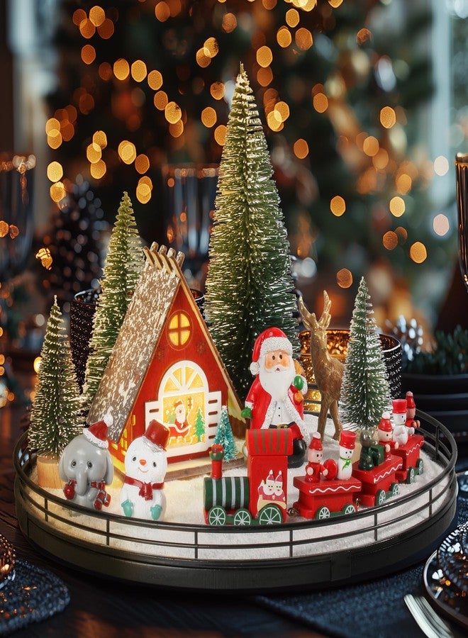 Oroyutor 12 Pcs Christmas Village Set - 13" Oak Wooden Lazy Susan with Santa Train, House & Trees – Indoor Christmas Centerpiece Decor for Holiday Coffee Table, Dining Table, or Mantel Decor - Image 1