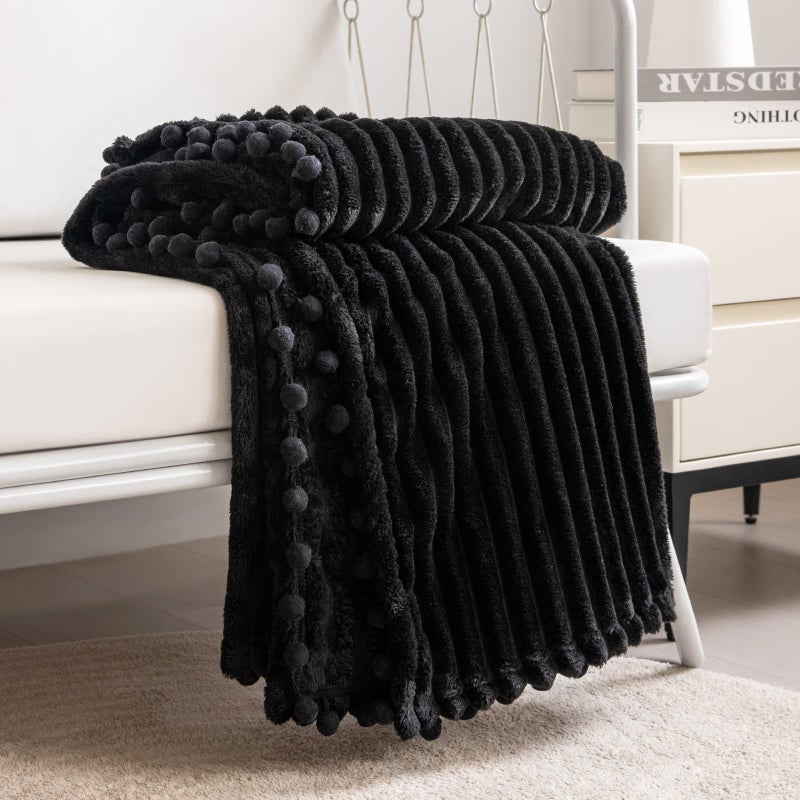DISSA Fleece Blanket Twin Size  60x80 Black  Soft Plush Fluffy Fuzzy Warm Cozy  Perfect Throw for Couch Bed Sofa  with Pompom Fringe  Flannel Blanket