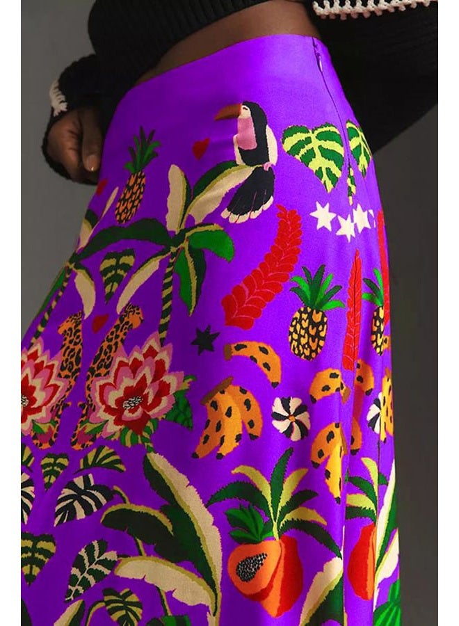 THLAI Womens Skirt Midi Skirt Tropical Plant Print Pink Zipper A-Line Long Skirts Spring Summer Skirt Floral, Purple, XXL - Image 4