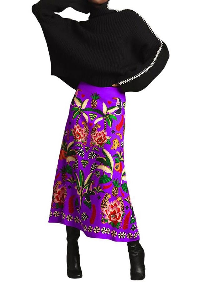 THLAI Womens Skirt Midi Skirt Tropical Plant Print Pink Zipper A-Line Long Skirts Spring Summer Skirt Floral, Purple, XXL - Image 1