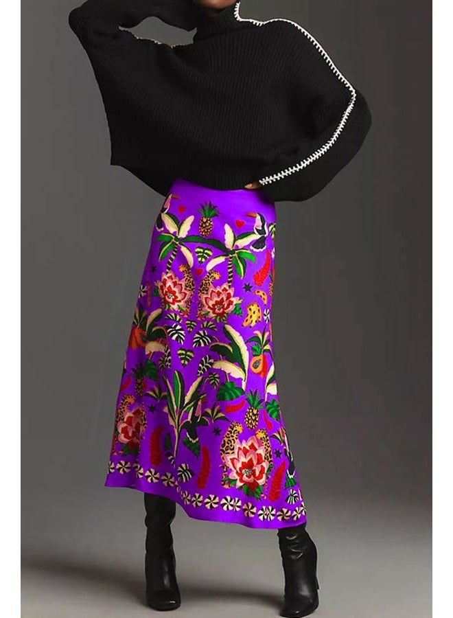 THLAI Womens Skirt Midi Skirt Tropical Plant Print Pink Zipper A-Line Long Skirts Spring Summer Skirt Floral, Purple, XXL - Image 3