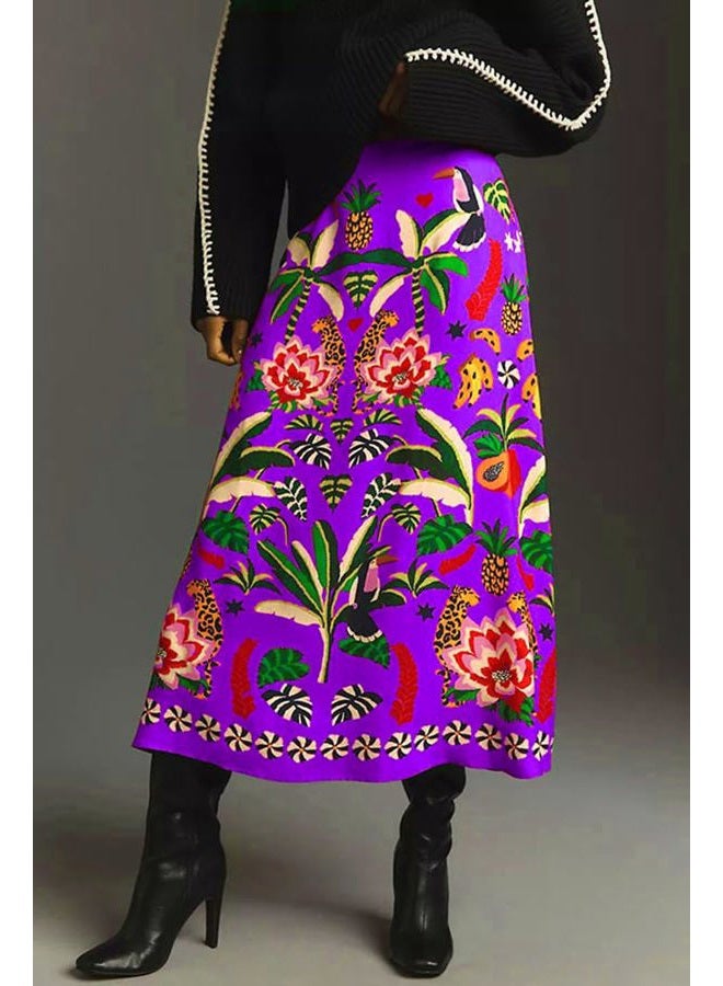 THLAI Womens Skirt Midi Skirt Tropical Plant Print Pink Zipper A-Line Long Skirts Spring Summer Skirt Floral, Purple, XXL - Image 2