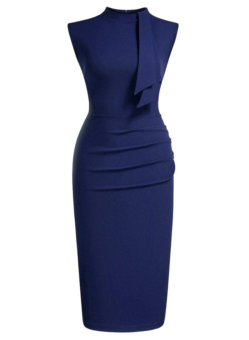 Miusol Women's Retro 1950s Style Half Collar Ruffle Cocktail Pencil Dress (Small, A-Navy Blue) - Image 3