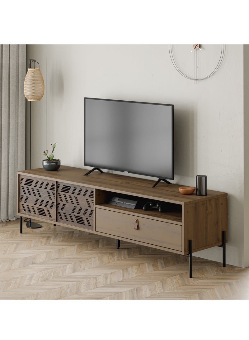 موراه حامل تلفزيون موراه هوم ديونيسوس حتى ٧٠ بوصة | وحدة تلفزيون عصرية بأرجل معدنية متينة للمنزل، باب منزلق، رف مفتوح، درج تخزين | ١٧٠×٤٥×٤٨.٦ سم | بني - Image 1