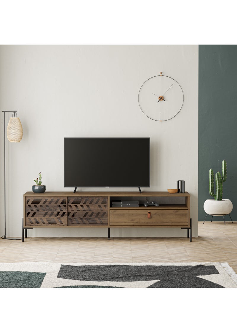 موراه حامل تلفزيون موراه هوم ديونيسوس حتى ٧٠ بوصة | وحدة تلفزيون عصرية بأرجل معدنية متينة للمنزل، باب منزلق، رف مفتوح، درج تخزين | ١٧٠×٤٥×٤٨.٦ سم | بني - Image 2