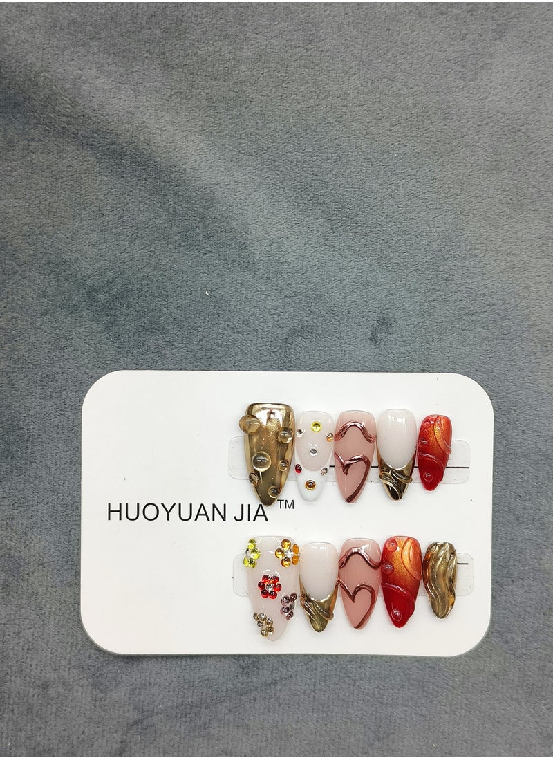 10 Pieces Handmade Press On Nails,Reusable and Removable Almond Shaped False Nails,Sparkling Gradient Orange Red and Gold Fingertip Design,Water Droplets and Rhinestones Decoration,Comes with A Rubbing Strip and A Piece of Jelly Glue for Fashionable Women's Holiday Gifts,False Nail Set