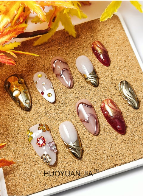 10 Pieces Handmade Press On Nails,Reusable and Removable Almond Shaped False Nails,Sparkling Gradient Orange Red and Gold Fingertip Design,Water Droplets and Rhinestones Decoration,Comes with A Rubbing Strip and A Piece of Jelly Glue for Fashionable Women's Holiday Gifts,False Nail Set