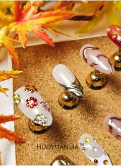 HUOYUAN JIA 10 Pieces Handmade Press On Nails,Reusable and Removable Almond Shaped False Nails,Sparkling Gradient Orange Red and Gold Fingertip Design,Water Droplets and Rhinestones Decoration,Comes with A Rubbing Strip and A Piece of Jelly Glue for Fashionable Women's Holiday Gifts,False Nail Set  - Image 2