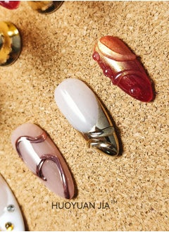 HUOYUAN JIA 10 Pieces Handmade Press On Nails,Reusable and Removable Almond Shaped False Nails,Sparkling Gradient Orange Red and Gold Fingertip Design,Water Droplets and Rhinestones Decoration,Comes with A Rubbing Strip and A Piece of Jelly Glue for Fashionable Women's Holiday Gifts,False Nail Set  - Image 5