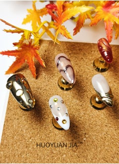 HUOYUAN JIA 10 Pieces Handmade Press On Nails,Reusable and Removable Almond Shaped False Nails,Sparkling Gradient Orange Red and Gold Fingertip Design,Water Droplets and Rhinestones Decoration,Comes with A Rubbing Strip and A Piece of Jelly Glue for Fashionable Women's Holiday Gifts,False Nail Set  - Image 4