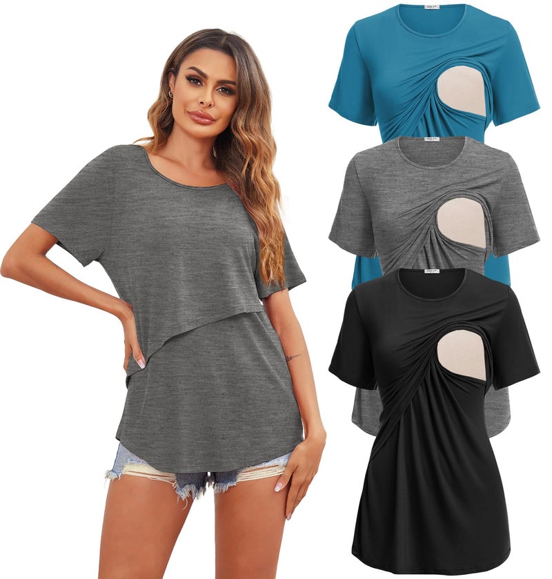 Ekouaer Short Sleeves Maternity Shirts Nursing Tops & Tees for Mommy Round Neck Pregnancy Loungewear Breastfeeding Outfit Tee Shirts 3 Packs M (Black + Dark Grey + Blue Green) - Image 1