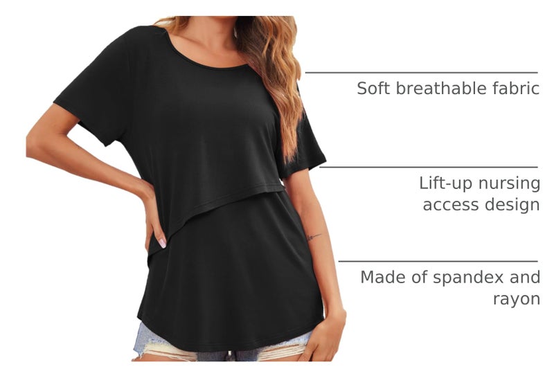 Ekouaer Short Sleeves Maternity Shirts Nursing Tops & Tees for Mommy Round Neck Pregnancy Loungewear Breastfeeding Outfit Tee Shirts 3 Packs M (Black + Dark Grey + Blue Green) - Image 4