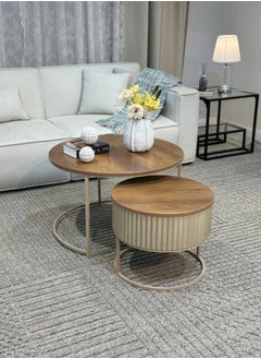 alimforyou 2 Pieces Round Coffee Table Set Nesting Table Round Coffee Table Living Room Modern Simple Style Furniture Brown Balloon Side Table Big Table 80*50cm Small Table 60*45cm 