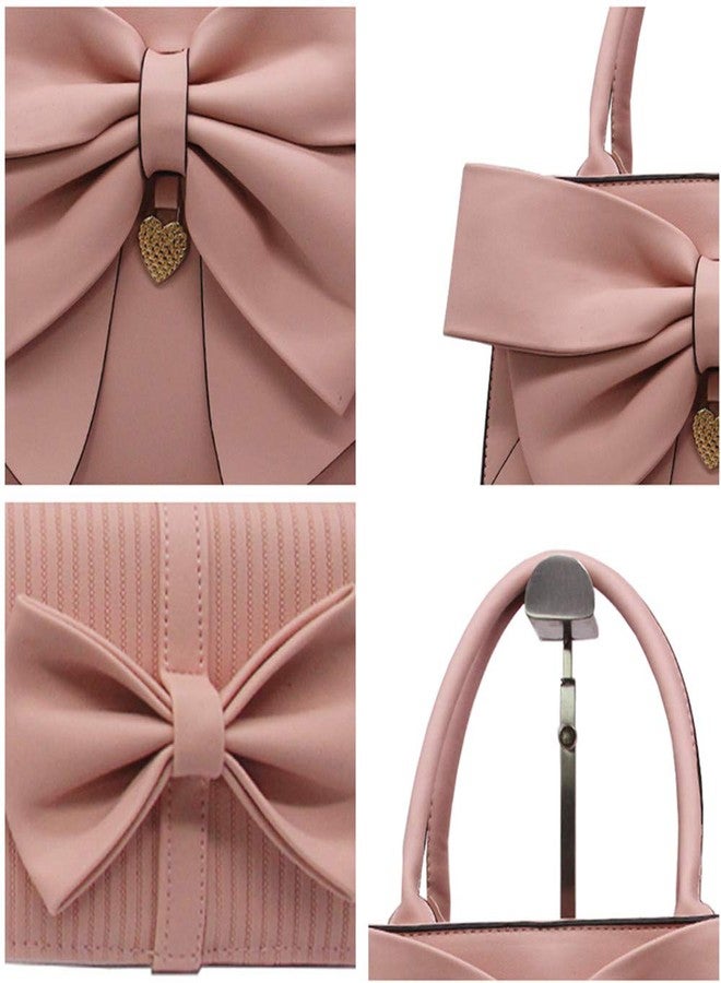AlwaySky Women Handbag 2 Pcs Set Big Bow-Knot PU Leather Top Handle Bag Designer Tote Bag Clutch Wallet Set for Ladies, Pink - Image 3