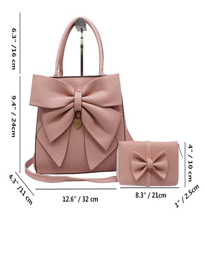 AlwaySky Women Handbag 2 Pcs Set Big Bow-Knot PU Leather Top Handle Bag Designer Tote Bag Clutch Wallet Set for Ladies, Pink - Image 2