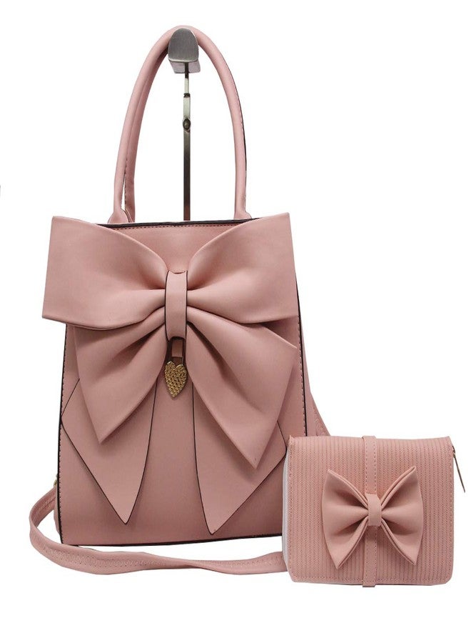 AlwaySky Women Handbag 2 Pcs Set Big Bow-Knot PU Leather Top Handle Bag Designer Tote Bag Clutch Wallet Set for Ladies, Pink - Image 1
