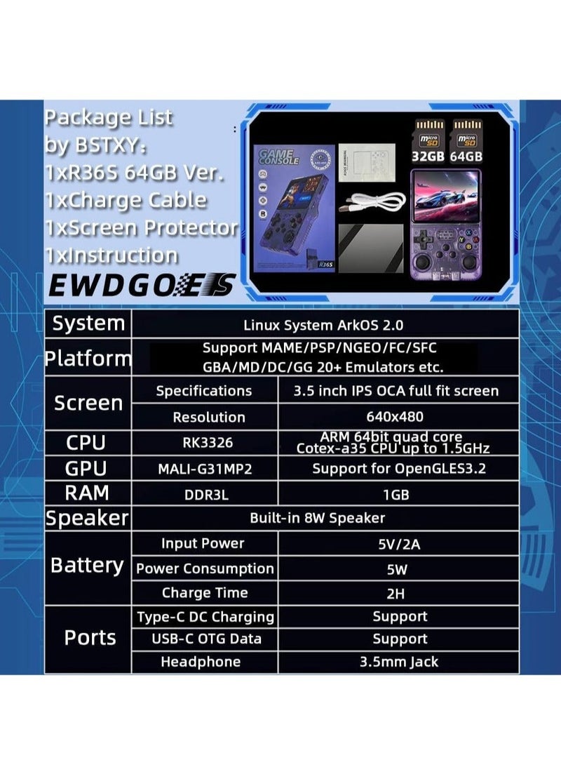R36S Handheld Retro Gaming Console Linux System with 128G TF Card, Preloaded with 15000+ Games, Retro Video Game Console 3.5-inch IPS Screen (Purple 128G)  - Image 3