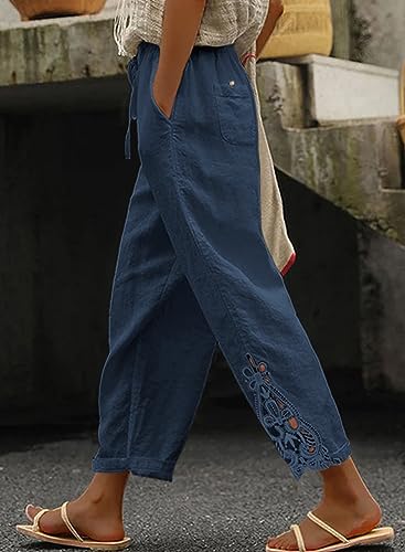 Acelitt Women's Casual Linen Pants Lightweight Drawstring Elastic Waist Spring Fashion 2025 Cropped Pants Trousers Blue XL - Image 2