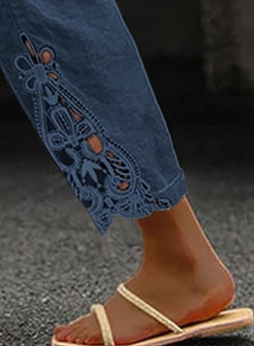 Acelitt Women's Casual Linen Pants Lightweight Drawstring Elastic Waist Spring Fashion 2025 Cropped Pants Trousers Blue XL - Image 3