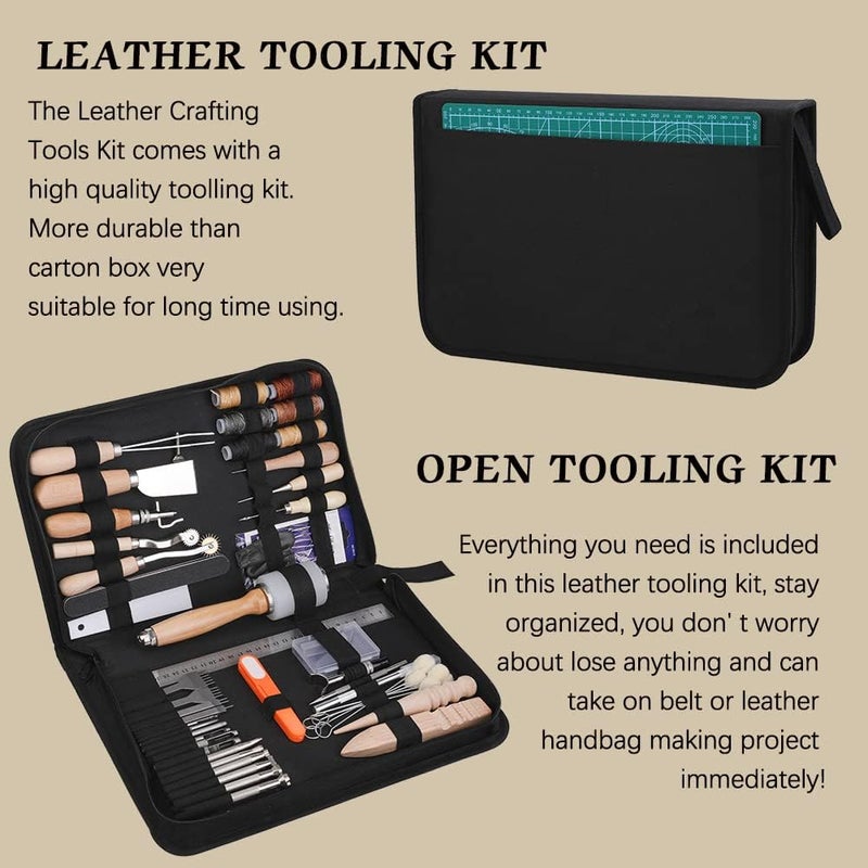 JUPEAN Leather Working Kit, Leather Tooling Kit, Working Tool Kits with Leathers Stamping Tools Storage Bag Cutting Mat Prong Punch Waxed Thread Stitching Groover for DIY Craft - Image 3