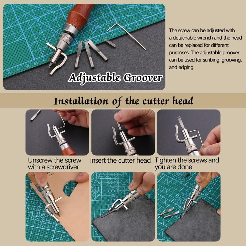 JUPEAN Leather Working Kit, Leather Tooling Kit, Working Tool Kits with Leathers Stamping Tools Storage Bag Cutting Mat Prong Punch Waxed Thread Stitching Groover for DIY Craft - Image 4