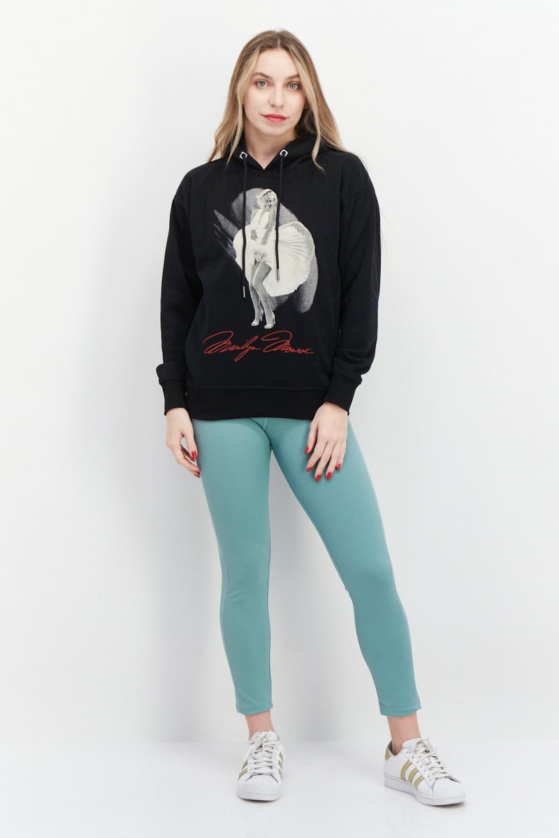 Marilyn Monroe Women Hooded Printed Long Sleeve Sweatshirts, Black - Image 3