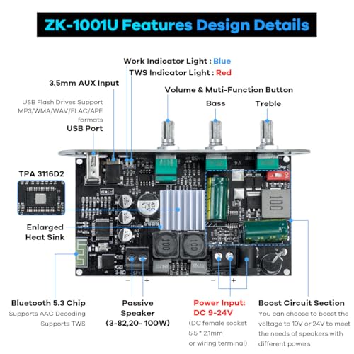 Hosyond ZK-1001U Mono Bluetooth Amplifier Board, 100W Power Amp with TWS Pairing, 9-24V Wide Voltage Input, USB/AUX/Bluetooth Inputs for DIY Speakers & Car Audio - Image 2