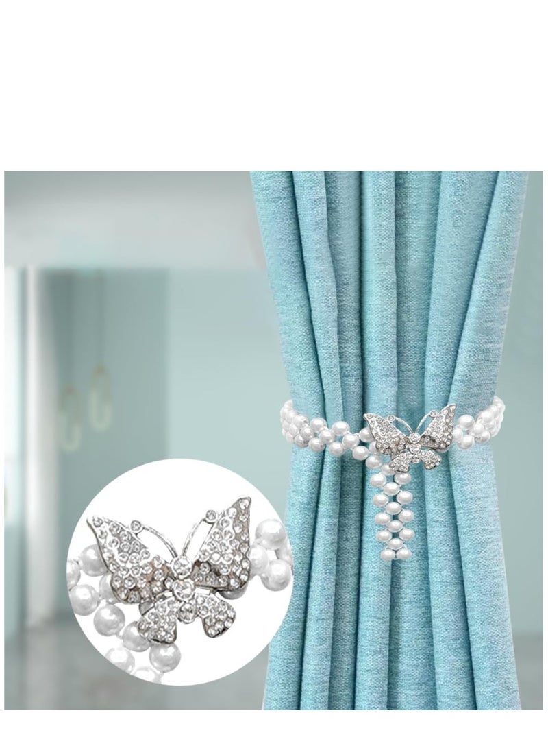SYOSI 2Pcs Curtain TieBacks, Butterfly Pearl Curtain Decorative Clips Rope Holdbacks Curtain Holder Buckles, Metal TieBacks for Home Office Hotel Window Drape Decorative - Image 2