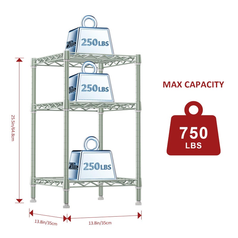 IZEUK 3 Tier Heavy Duty Steel Storage Shelves, Metal Shelf Wire Shelving Rack for Pantry, Kitchen, Cloakroom or Office Organization (13.8" D x 13.8" W x 25.5" H, 750LBS, Green) - Image 2